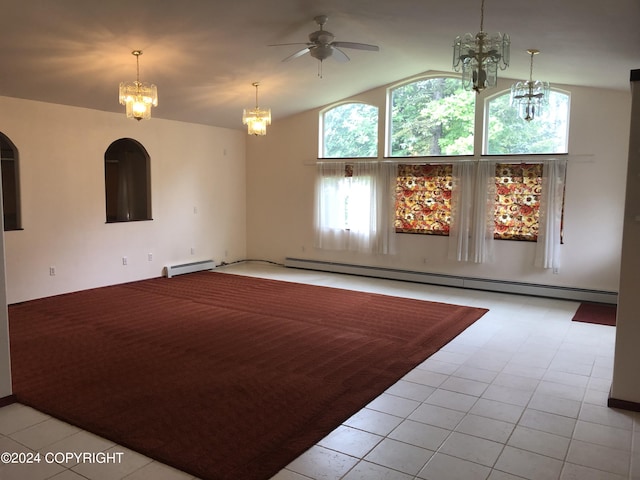 tiled empty room with a baseboard radiator, high vaulted ceiling, and ceiling fan with notable chandelier