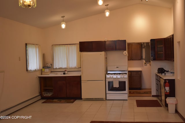 kitchen featuring pendant lighting, light tile patterned floors, white appliances, a baseboard heating unit, and high vaulted ceiling