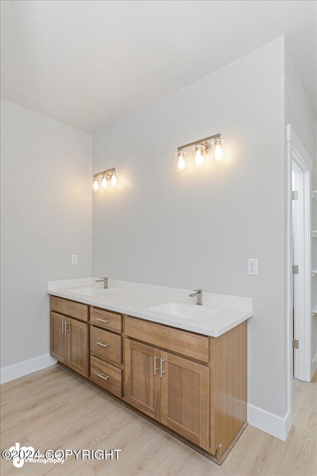 bathroom with wood-type flooring and vanity