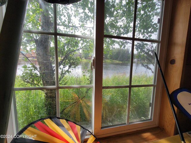 interior details featuring a water view and hardwood / wood-style floors