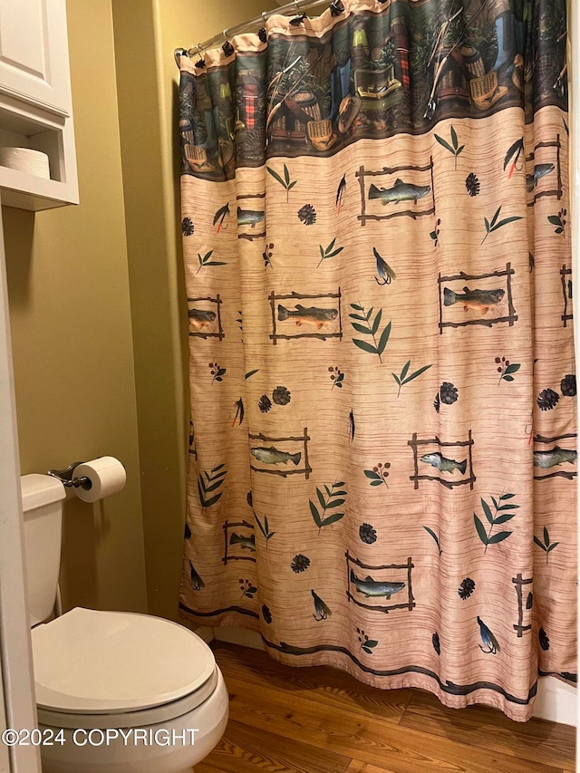 bathroom with toilet, hardwood / wood-style flooring, and curtained shower