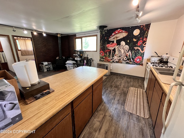 kitchen featuring dark wood-type flooring, rail lighting, and a wood stove