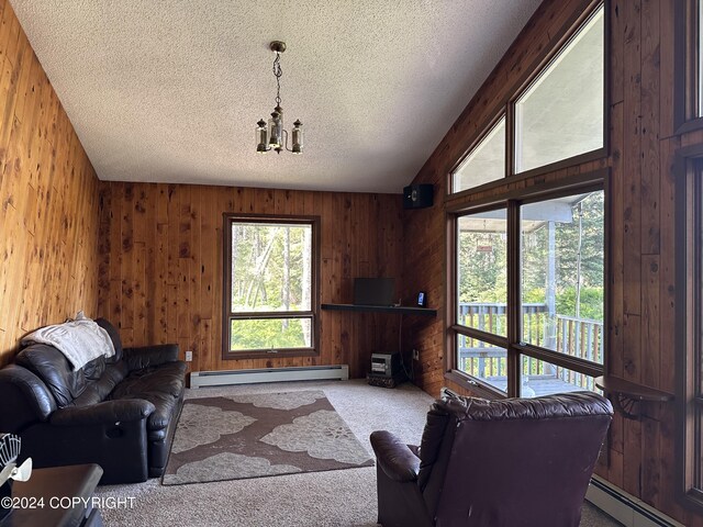 living room featuring wood walls, carpet, a textured ceiling, and a baseboard heating unit