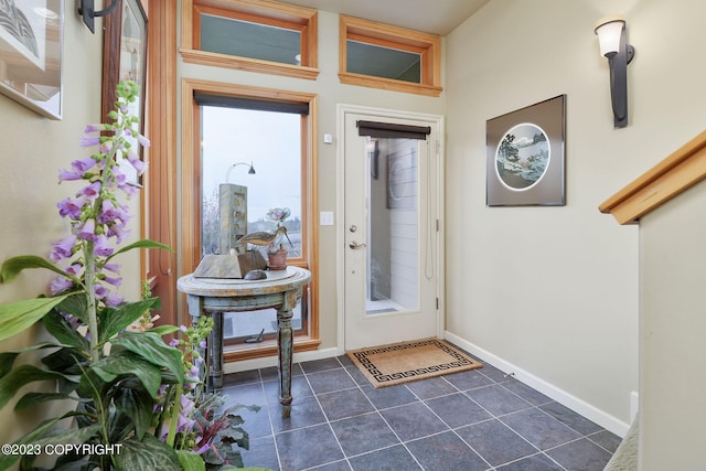 foyer entrance featuring dark tile patterned flooring