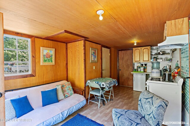 living room featuring light hardwood / wood-style flooring, wood ceiling, and wood walls