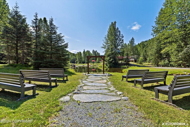 view of community featuring a water view and a yard