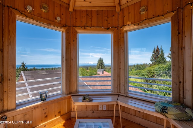 interior details featuring wood walls and hardwood / wood-style flooring