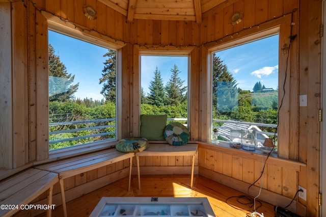 sunroom with lofted ceiling and a healthy amount of sunlight