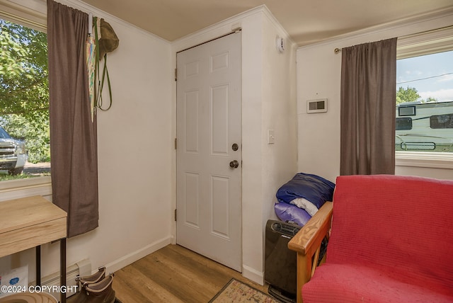 foyer entrance featuring plenty of natural light, crown molding, and hardwood / wood-style flooring