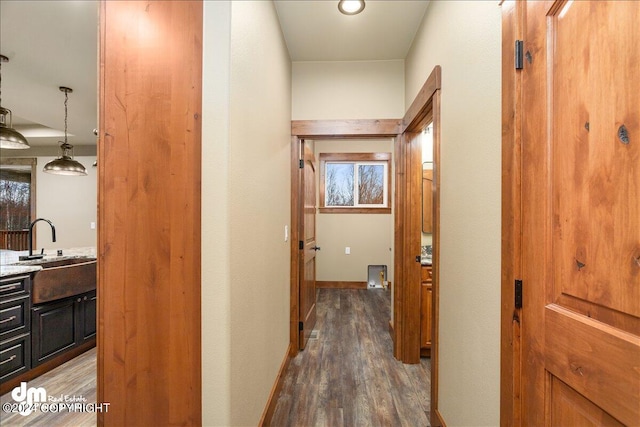 hallway with sink and dark hardwood / wood-style flooring