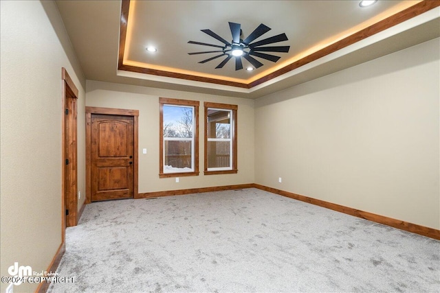 spare room with a raised ceiling and light colored carpet