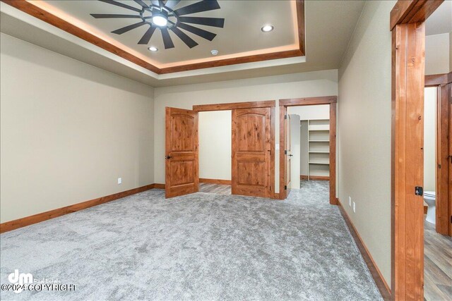 unfurnished bedroom featuring ceiling fan, a spacious closet, a raised ceiling, and light carpet