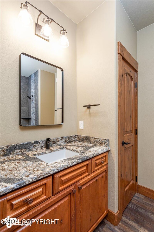 bathroom featuring vanity and hardwood / wood-style floors