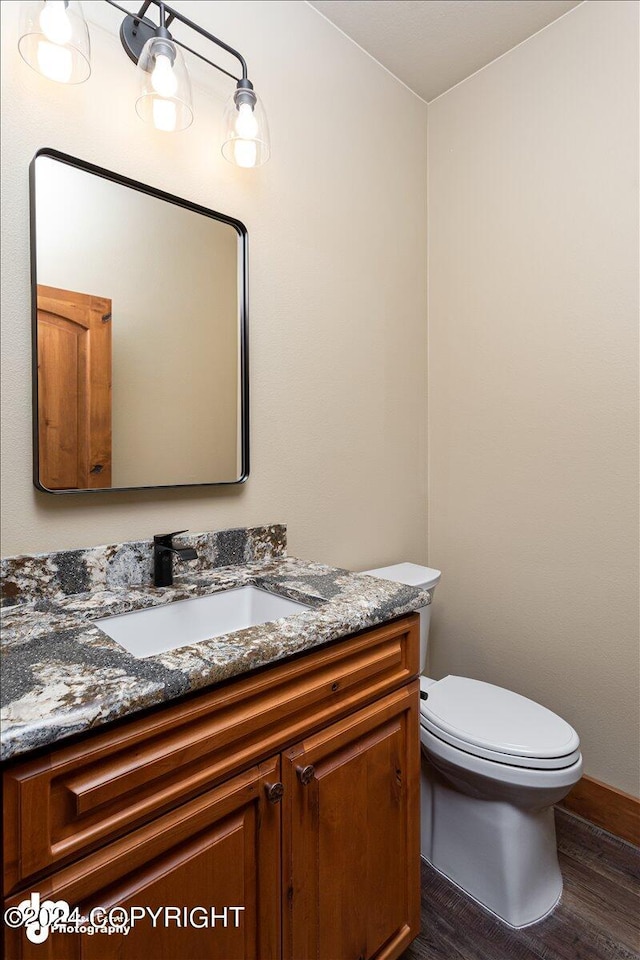 bathroom featuring toilet, vanity, and hardwood / wood-style flooring