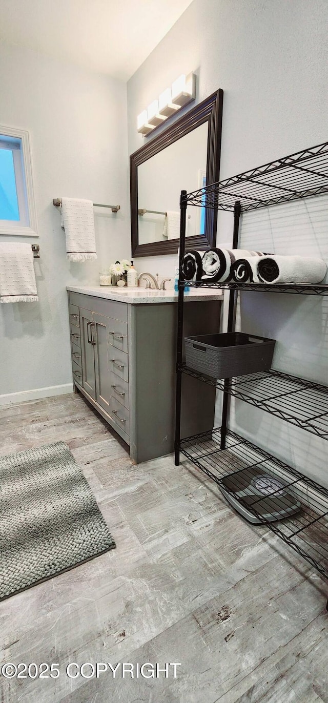 bathroom with wood-type flooring and vanity