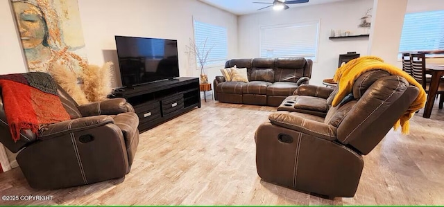 living room with ceiling fan and light hardwood / wood-style flooring