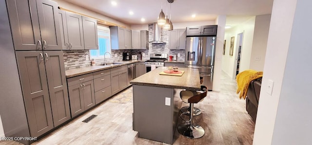 kitchen featuring appliances with stainless steel finishes, sink, a kitchen island, decorative light fixtures, and a breakfast bar area