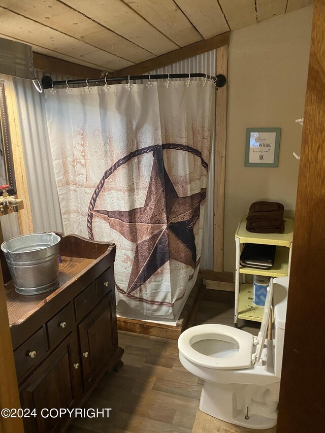 bathroom featuring hardwood / wood-style flooring, toilet, walk in shower, and vanity