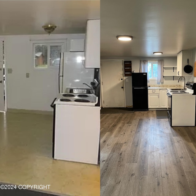 kitchen with sink, white appliances, white cabinets, and light wood-type flooring