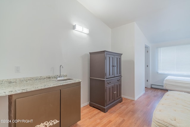 interior space with sink, hardwood / wood-style flooring, vaulted ceiling, and baseboard heating