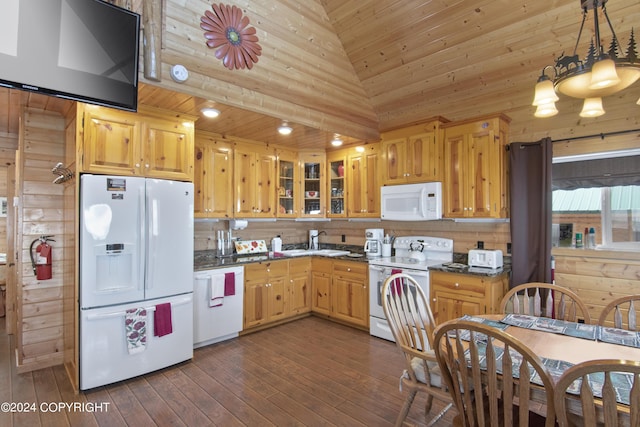 kitchen featuring high vaulted ceiling, white appliances, dark wood-type flooring, and dark countertops