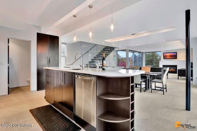 bar with light carpet, a glass covered fireplace, stairway, a sink, and stainless steel dishwasher