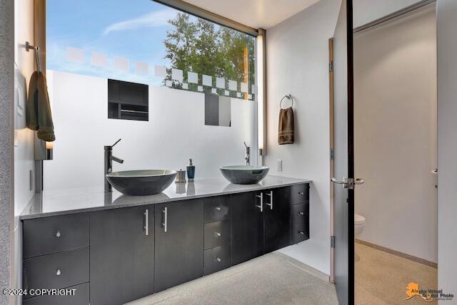 bathroom featuring baseboards, a sink, toilet, and double vanity