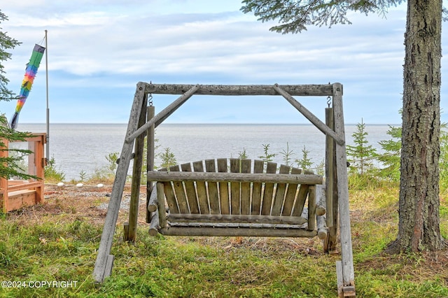 exterior space with a water view