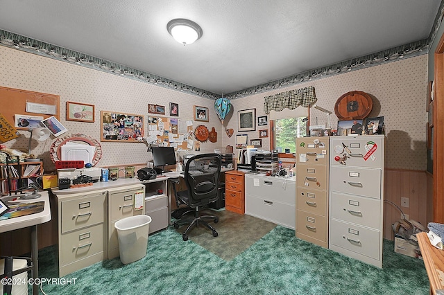 carpeted office space with a textured ceiling and wood walls