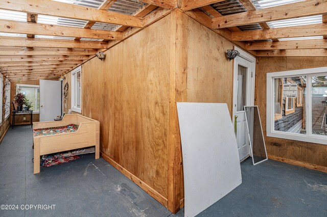 interior space featuring a healthy amount of sunlight, lofted ceiling, and wood walls