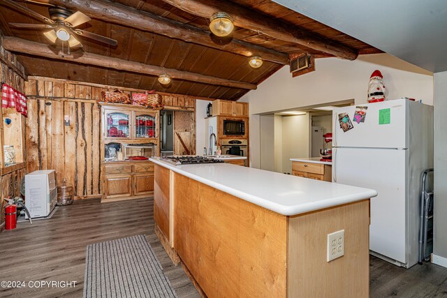 kitchen with a kitchen island, wood ceiling, lofted ceiling with beams, dark hardwood / wood-style flooring, and stainless steel appliances