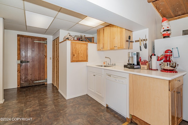 kitchen with a drop ceiling, dishwasher, sink, and light brown cabinetry