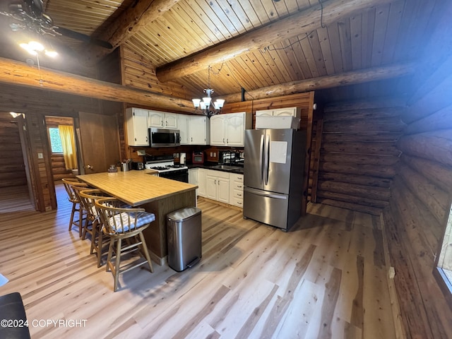 kitchen with rustic walls, stainless steel appliances, light wood-type flooring, and wood ceiling