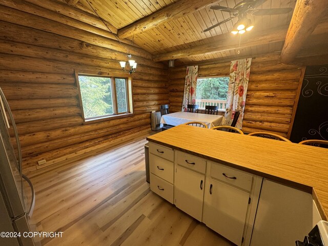 kitchen with vaulted ceiling with beams, ceiling fan, light hardwood / wood-style floors, log walls, and wooden ceiling