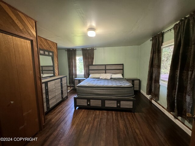 bedroom with wood walls, dark hardwood / wood-style floors, and a closet