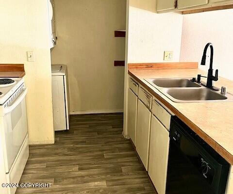 kitchen featuring cream cabinets, sink, dishwasher, white range with electric cooktop, and dark wood-type flooring