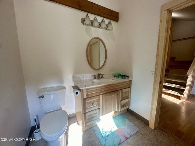 bathroom featuring vanity, toilet, and hardwood / wood-style flooring