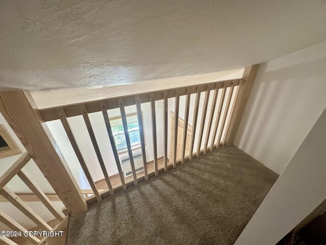 stairs featuring a textured ceiling and carpet