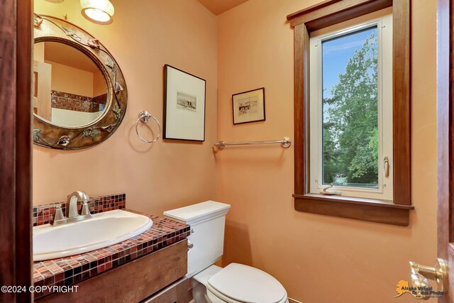 bathroom featuring toilet, vanity, and plenty of natural light