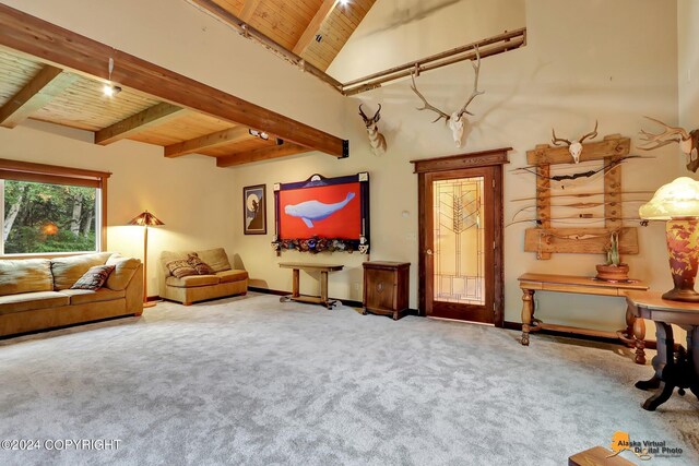 unfurnished room featuring carpet flooring, vaulted ceiling with beams, and wood ceiling