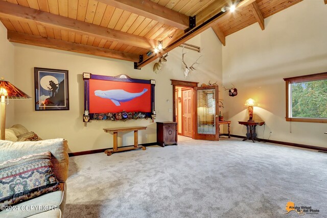 carpeted living room featuring wooden ceiling and beam ceiling