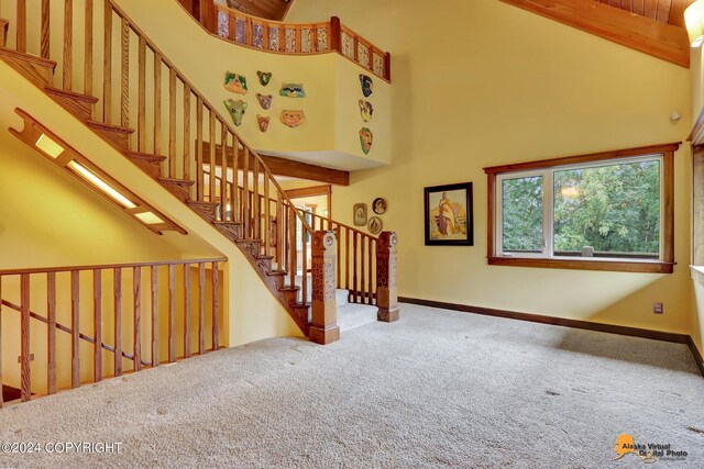 stairs with a high ceiling and carpet floors