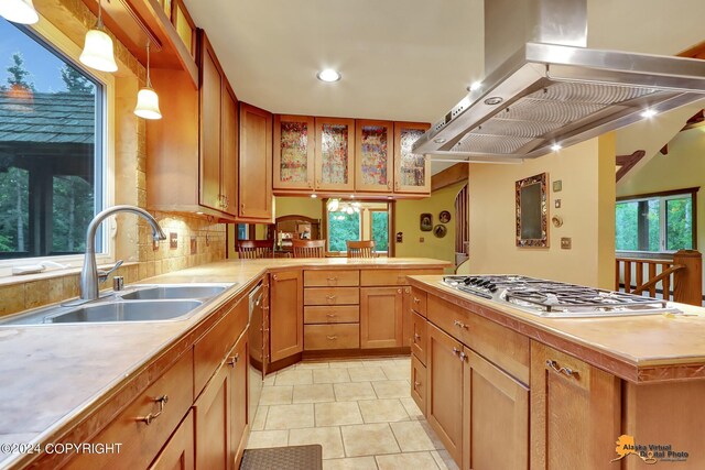 kitchen featuring a healthy amount of sunlight, pendant lighting, sink, and island range hood