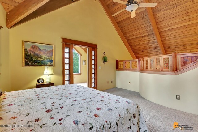 carpeted bedroom featuring high vaulted ceiling, beamed ceiling, wooden ceiling, and ceiling fan