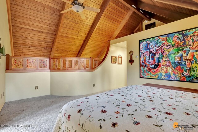 bedroom featuring carpet, beam ceiling, high vaulted ceiling, wood ceiling, and ceiling fan