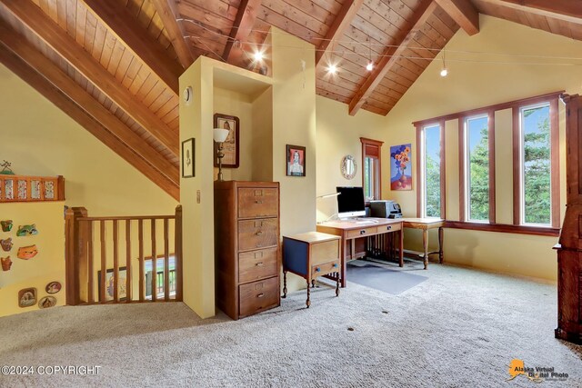 office with high vaulted ceiling, beam ceiling, wooden ceiling, and carpet floors