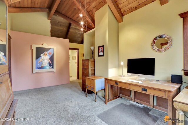 office space with wooden ceiling, light colored carpet, beam ceiling, and high vaulted ceiling