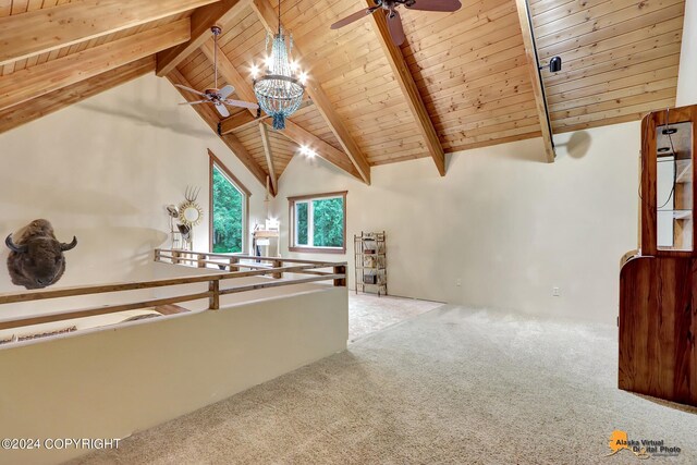 unfurnished living room with carpet, beam ceiling, high vaulted ceiling, wooden ceiling, and ceiling fan