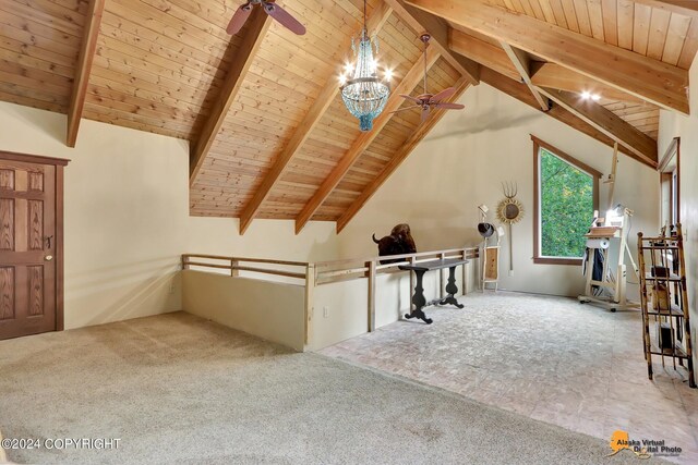 additional living space with beam ceiling, high vaulted ceiling, wood ceiling, light colored carpet, and ceiling fan with notable chandelier