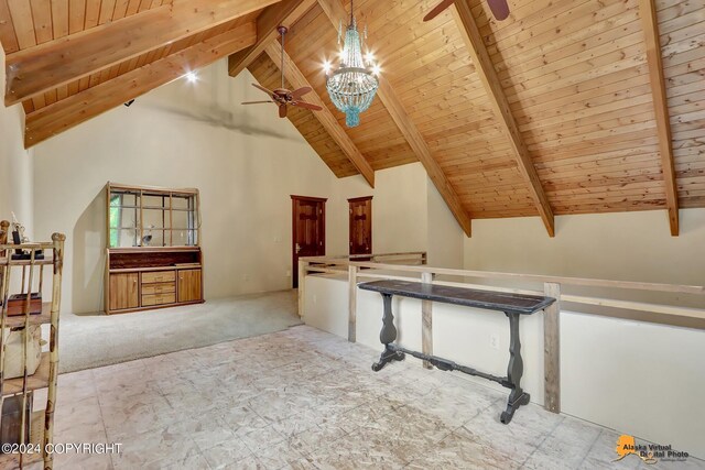 bonus room with light carpet, beam ceiling, high vaulted ceiling, wood ceiling, and ceiling fan with notable chandelier